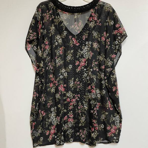Xhileration Popover Kimono, Sheer Black Floral Flowy Crocheted Oversized, XS/S - Picture 2 of 9